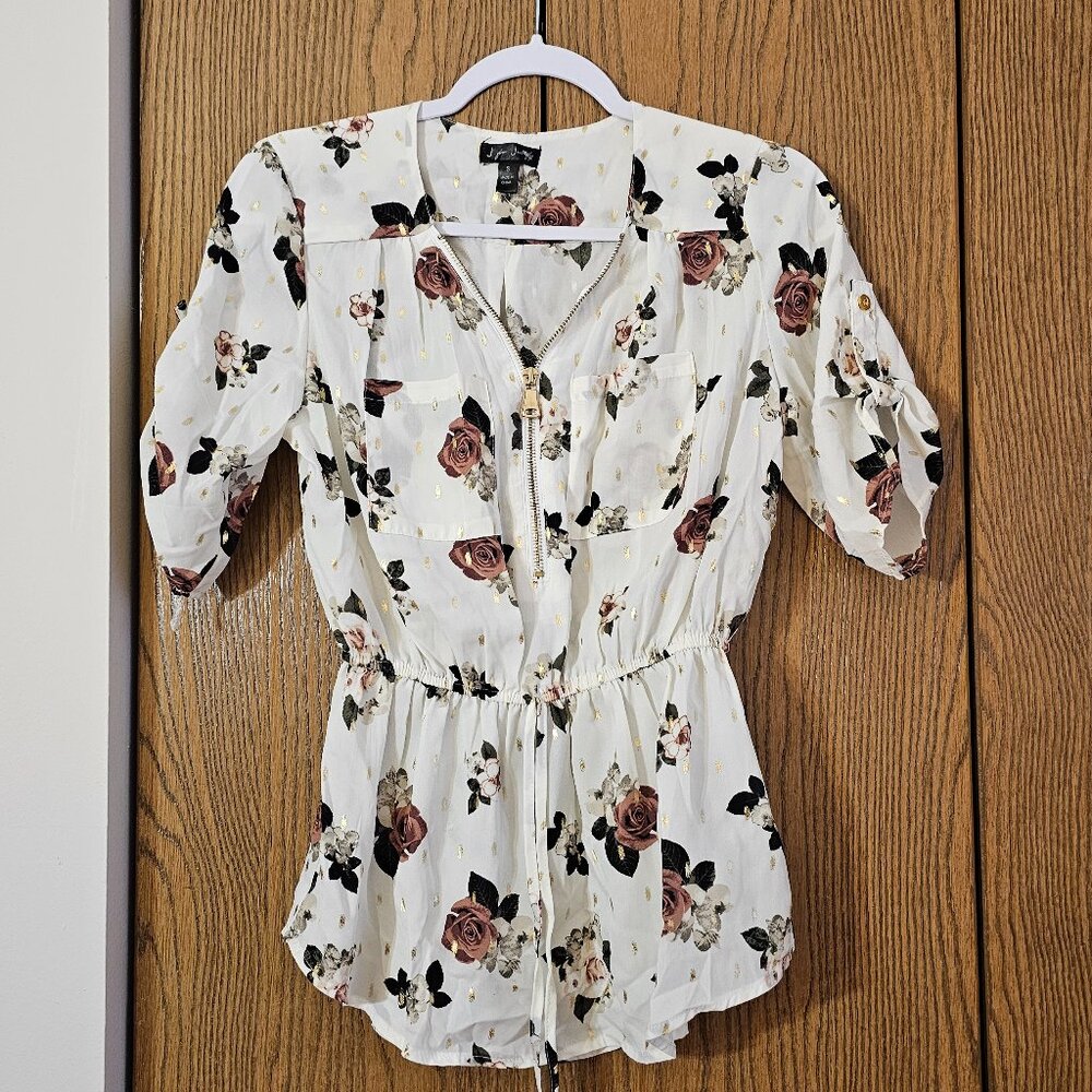 Zippered Front White W/Floral Rose 3/4 Sleeve Blouse